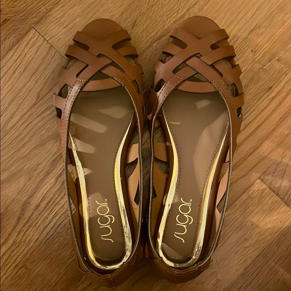 Sugar Sayde Cognac Brown Woven Flat Sandals